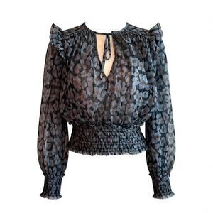 Free People Blouse Womens Large Black Sheer Leopard Twyla Fairy Smocked Peasant